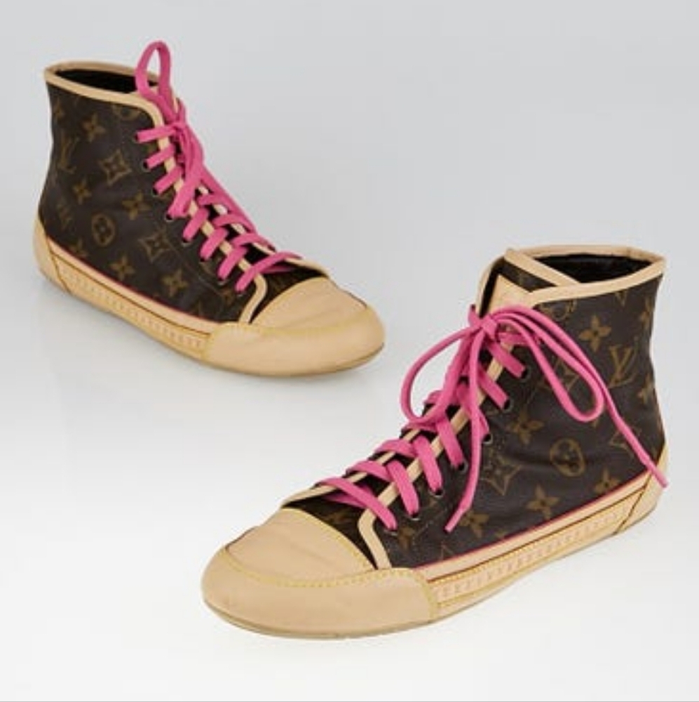 Louis Vuitton 💎 Monogram Canvas Capucine High Top Pink Strap Lace Sneakers 37 7